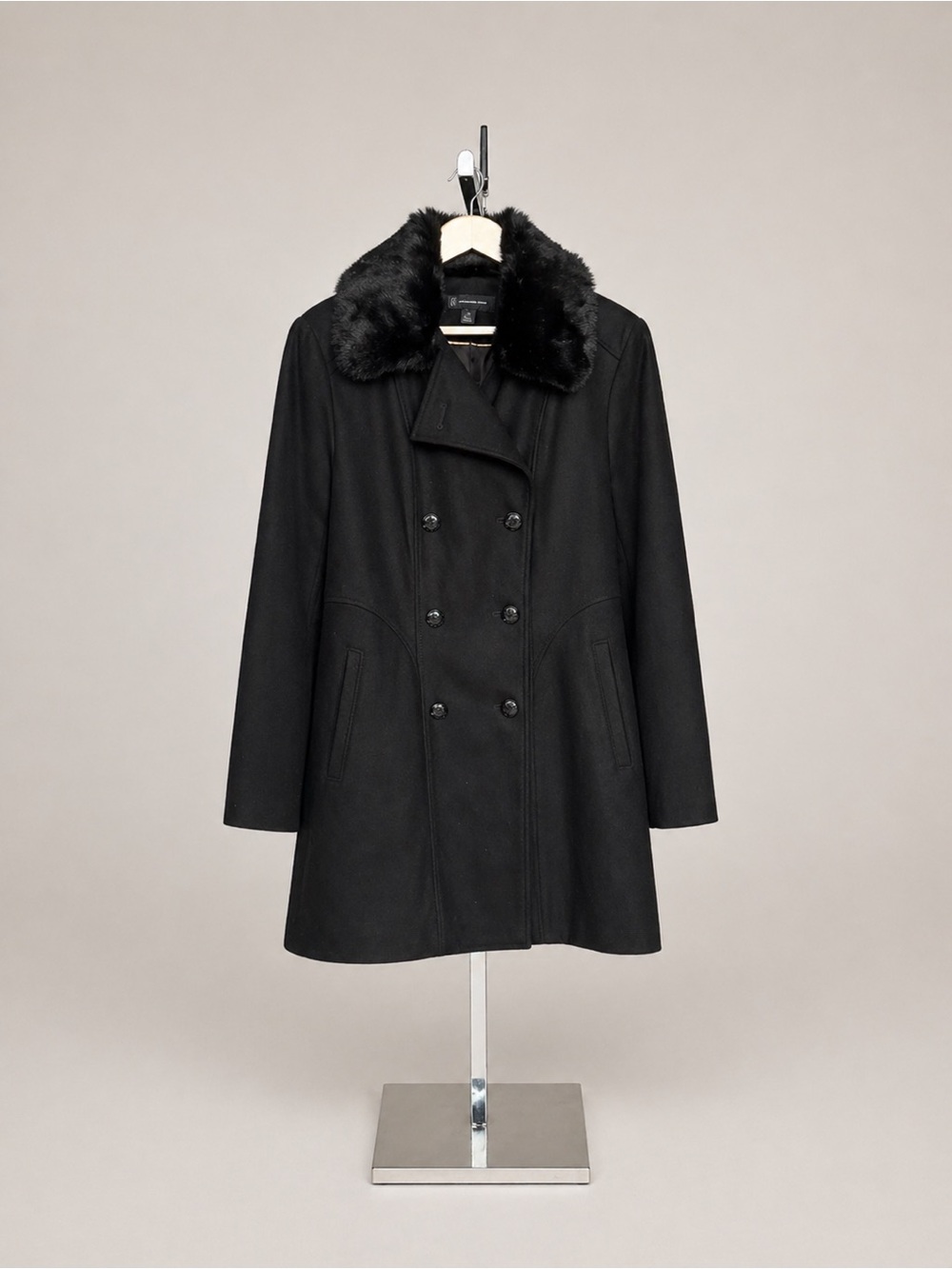 INC International Concepts Black Double-Breasted Pea Coat with Faux Fur Collar - Picture 2 of 6